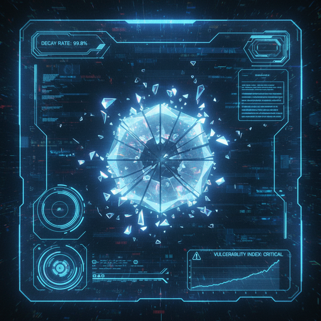 first-person view through futuristic HUD interface filling entire screen, transparent holographic overlays, neon blue UI elements, sci-fi heads-up display, digital glitch artifacts, RGB chromatic aberration, data corruption visual effects, immersive POV interface aesthetic, Fracturing crystal lattice under invisible pressure, geometric ice-like structures cracking from within with prismatic light leaking out, viewed through a transparent tactical HUD with corner data readouts tracking decay rates and vulnerability indices, cold blue light from above casting sharp internal glows, atmosphere of silent but irreversible structural failure [Nano Banana]