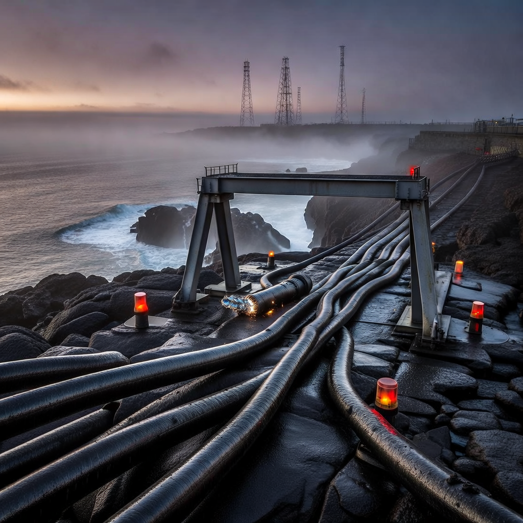 industrial scale photography, clean documentary style, infrastructure photography, muted industrial palette, systematic perspective, elevated vantage point, engineering photography, operational facilities, An undersea communications cable landing station at dawn, thick armored fiber-optic cables snaking across wet black rock like industrial serpents, one ruptured end sparking faintly beneath a steel gantry, morning fog diffusing the glow of emergency beacons, distant transmission towers silhouetted against a bruised horizon, the sea beyond churning where the seabed trench has been torn open [Bria Fibo]
