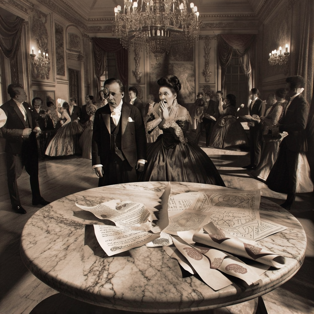 vintage Victorian newspaper photograph, sepia tone, aged paper texture, halftone dot printing, 1890s photojournalism, slight grain, archival quality, authentic period photography, A grand, opulent ballroom moments after a scandalous disruption, with a fractured engagement contract lying on a marble table beside scattered cryptographic diagrams and wax-sealed documents, dramatic chandelier light casting long shadows across shocked aristocratic figures, an atmosphere of high-stakes social and technological reckoning. [bria/fibo/generate]