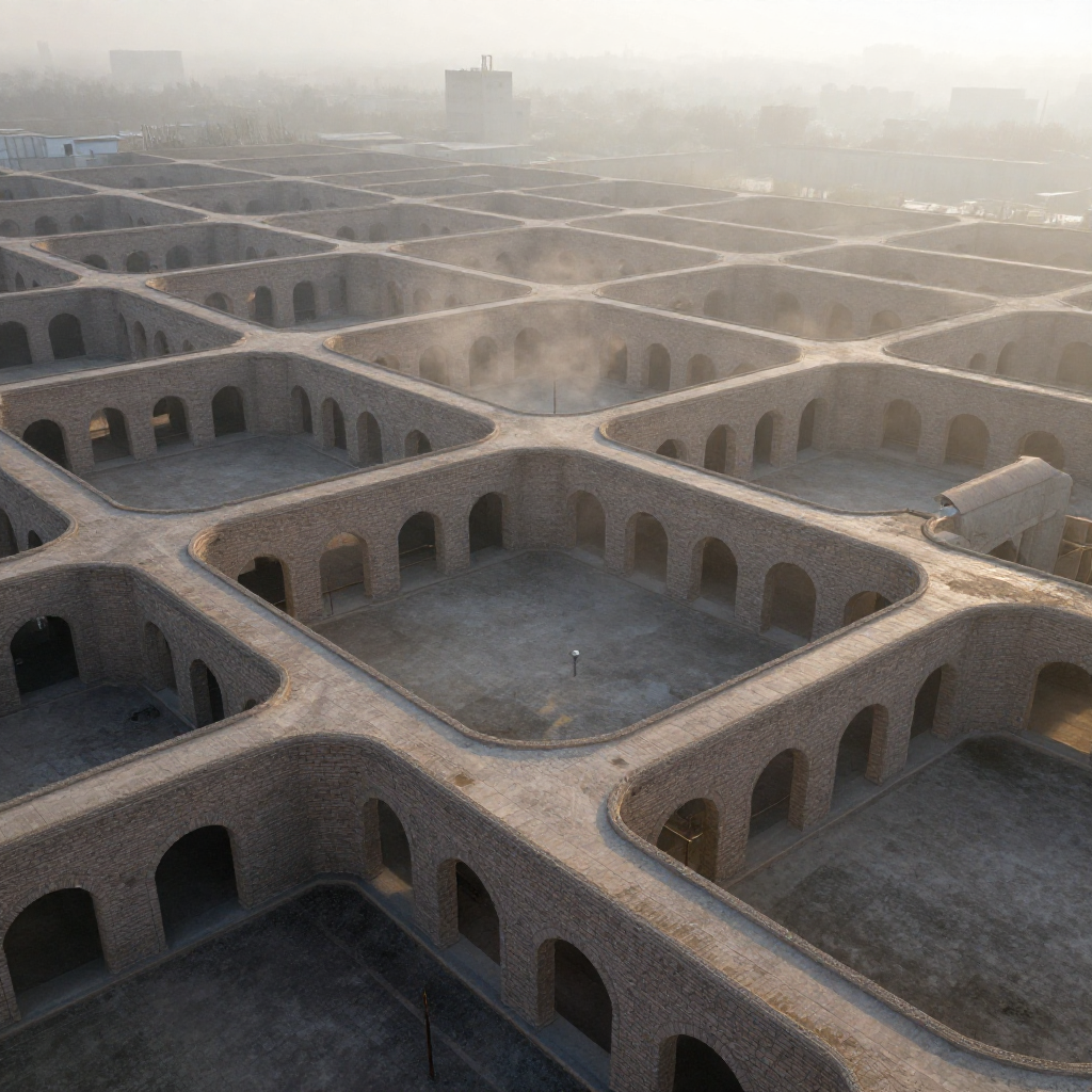 industrial scale photography, clean documentary style, infrastructure photography, muted industrial palette, systematic perspective, elevated vantage point, engineering photography, operational facilities, a vast geometric lattice of sun-bleached courtyard units fused into a single living structure, their earthen walls merging at arched passageways, stretching to the horizon in rhythmic repetition, viewed from above at dawn, soft golden light raking low from the east, casting long interlocking shadows across the undulating complex, morning mist pooling in the central courtyards like breath of an ancient system reawakening [Z-Image Turbo]