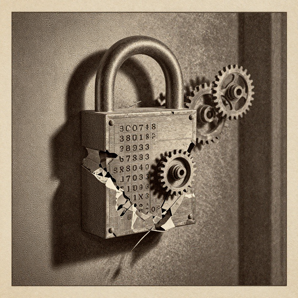 vintage Victorian newspaper photograph, sepia tone, aged paper texture, halftone dot printing, 1890s photojournalism, slight grain, archival quality, authentic period photography, a crumbling vault lock forged from crystalline code, fractured and dissolving at the edges, half-melted gears suspended mid-collapse, illuminated by sharp side lighting that casts long, jagged shadows, atmosphere of silent ruin and impending exposure [Z-Image Turbo]