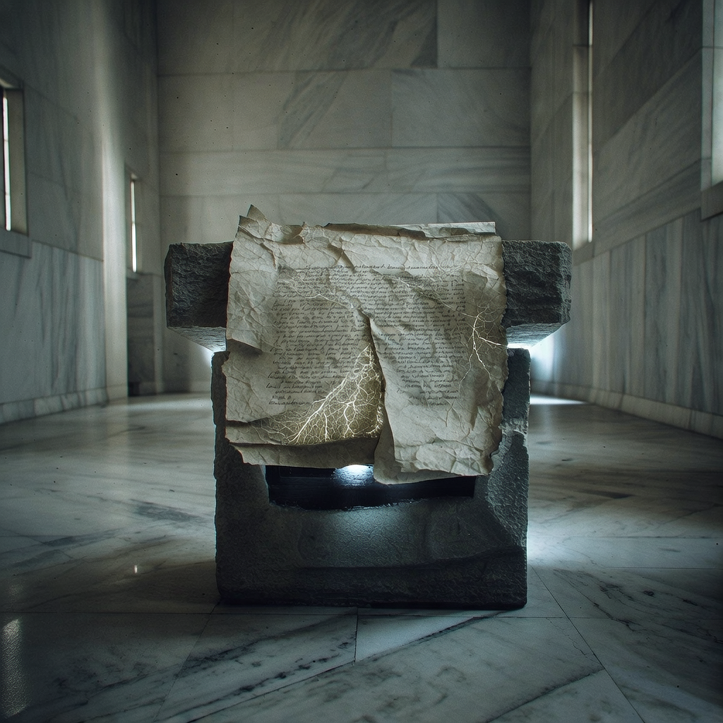 muted documentary photography, diplomatic setting, formal atmosphere, institutional gravitas, desaturated color palette, press photography style, 35mm film grain, natural lighting, professional photojournalism, Parchment treaty mounted on a stone plinth, edges curled and split, revealing glowing fiber-optic veins beneath, dim server light rising from below, side-lit by narrow hall windows, atmosphere of solemn unease in a hollowed marble chamber. [Bria Fibo]