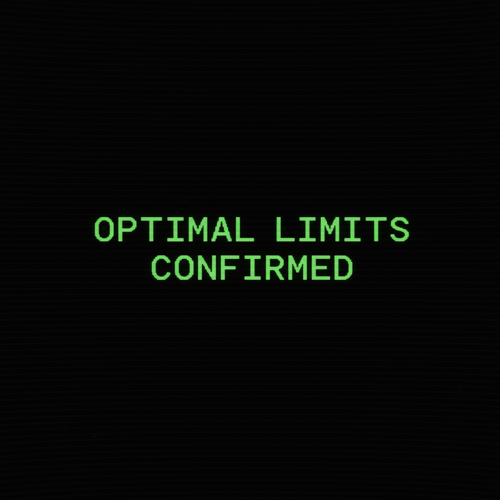 full screen view of monochrome green phosphor CRT terminal display, command line interface filling entire frame, heavy scanlines across black background, authentic 1970s computer terminal readout, VT100 style, green text on black, phosphor glow, screen curvature at edges, "OPTIMAL LIMITS CONFIRMED" in stark monospace font, glowing faintly on a deep black terminal screen, text slightly blurred as if burning in from prolonged display, ambient static faintly flickering beneath the characters, an atmosphere of finality and suppressed urgency [Nano Banana]