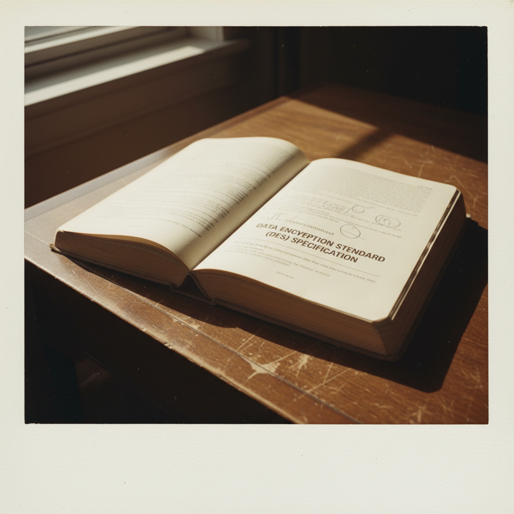 instant Polaroid photograph, vintage 1970s aesthetic, faded colors, white border frame, slightly overexposed, nostalgic lo-fi quality, amateur snapshot, An open, dog-eared copy of the 1970s DES specification manual, pages yellowed and corners folded, resting slightly off-center on a scratched wooden desk, sunlight slanting from the upper left through a nearby window, casting soft shadows of handwritten marginalia; atmosphere of quiet reverence, like a well-used book left behind after a long night of thought [Nano Banana]