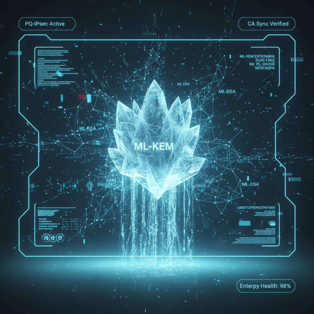 first-person view through futuristic HUD interface filling entire screen, transparent holographic overlays, neon blue UI elements, sci-fi heads-up display, digital glitch artifacts, RGB chromatic aberration, data corruption visual effects, immersive POV interface aesthetic, Crystalline firewall growing across the center of a transparent HUD, geometric lattices of glowing quantum-entangled ice fractals spreading outward with each pulse, embedded with shifting glyphs of ML-KEM and ML-DSA signatures, quantum entropy streams feeding the base like liquid light, ambient data tags in peripheral corners displaying "PQ-IPsec Active", "CA Sync Verified", and "Entropy Health: 98%", soft cyan glow from below illuminating the interface from within, atmosphere of controlled urgency with faint pulse tones felt rather than heard [Nano Banana]