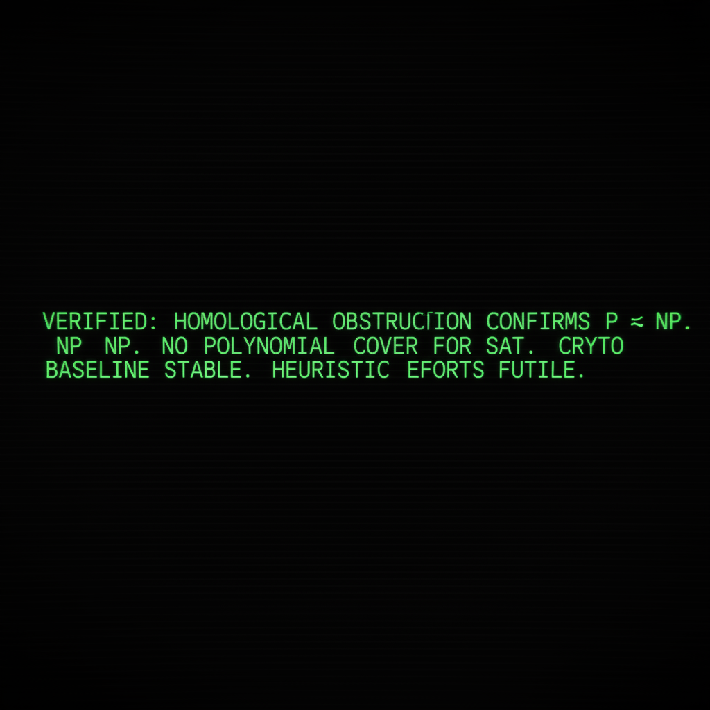 full screen view of monochrome green phosphor CRT terminal display, command line interface filling entire frame, heavy scanlines across black background, authentic 1970s computer terminal readout, VT100 style, green text on black, phosphor glow, screen curvature at edges, "VERIFIED: HOMOLOGICAL OBSTRUCTION CONFIRMS P ≠ NP. NO POLYNOMIAL COVER FOR SAT. CRYPTO BASELINE STABLE. HEURISTIC EFFORTS FUTILE." glowing in monochrome green on stark black terminal background, text slightly blurred by persistent afterglow, silent and absolute atmosphere [Nano Banana]