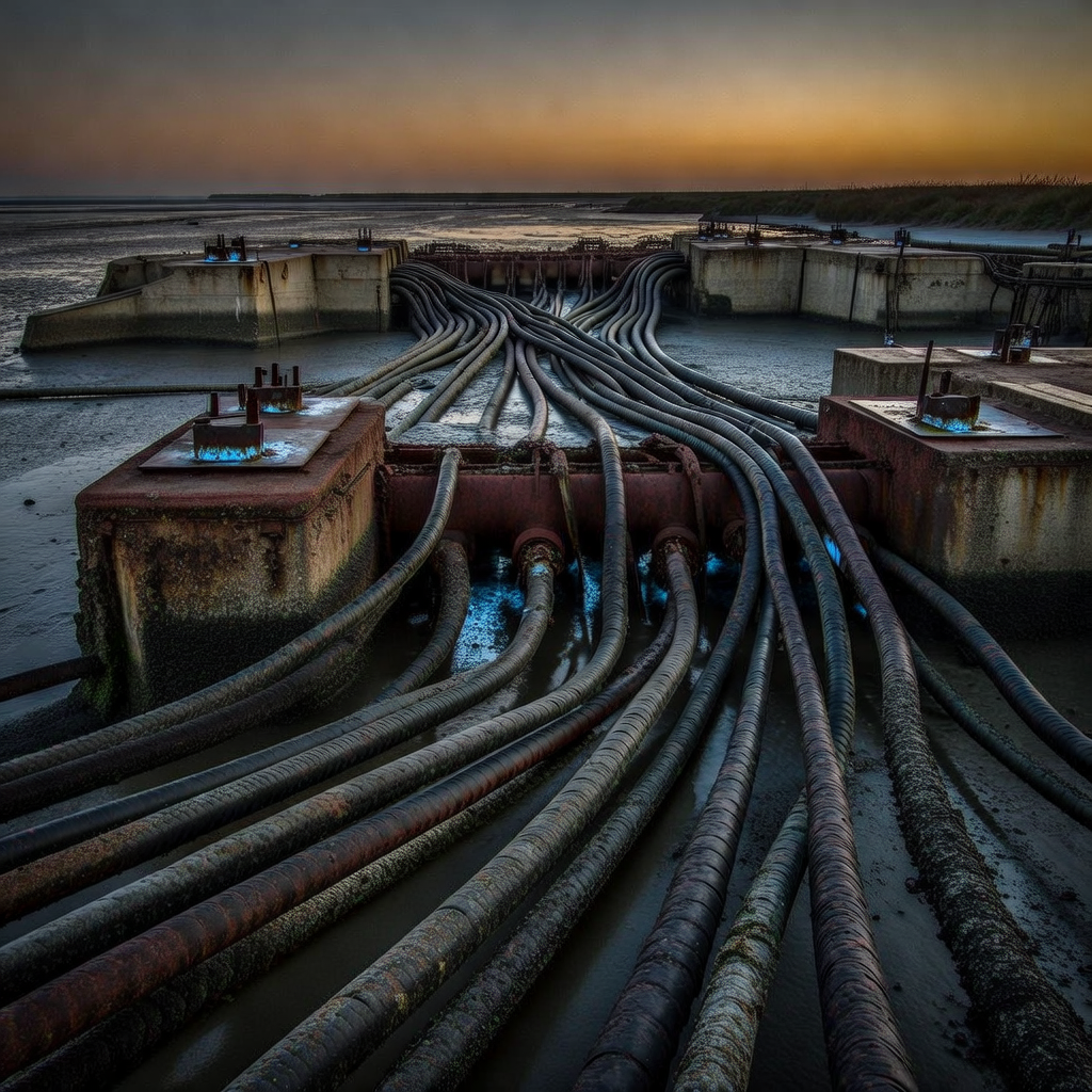 industrial scale photography, clean documentary style, infrastructure photography, muted industrial palette, systematic perspective, elevated vantage point, engineering photography, operational facilities, A sprawling undersea cable array fanning out across a vast tidal flat at dusk, thick armored cables emerging from rusted seabed conduits and vanishing into cracked concrete bunkers half-swallowed by mud, cold blue light pulsing faintly beneath grime-coated access plates, lit from below by intermittent glows against the deep amber horizon, atmosphere of silent transmission and forgotten oversight. [Bria Fibo]