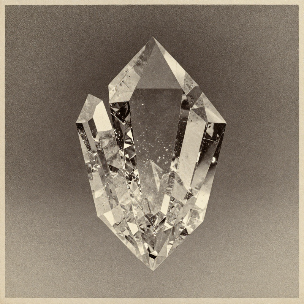 vintage Victorian newspaper photograph, sepia tone, aged paper texture, halftone dot printing, 1890s photojournalism, slight grain, archival quality, authentic period photography, a fractured crystalline keystone, delicate geometric facets of frosted quartz and mirrored obsidian, illuminated by sharp side lighting from below, suspended in a void with faint refractive glimmers tracing its internal symmetry, atmosphere of precarious elegance and silent revelation [Z-Image Turbo]