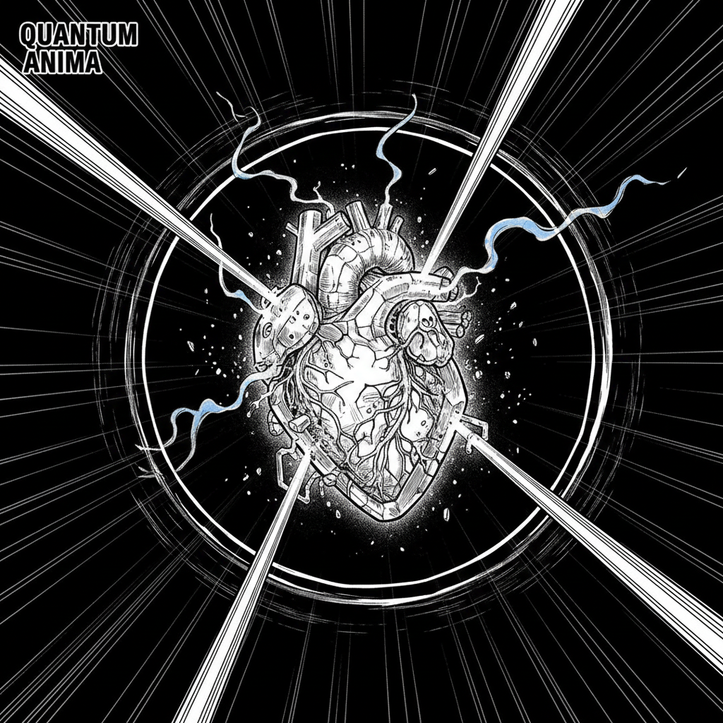 black and white manga panel, dramatic speed lines, Akira aesthetic, bold ink work, a self-tuning quantum heart forged from crystalline circuitry and pulsing neural mesh, cracked surface emitting faint blue decoherence smoke, glowing feedback pulses rippling outward in concentric speed lines, lit from within by erratic quantum light, suspended in vast black void with sharp shadows radiating like control beams [Nano Banana]