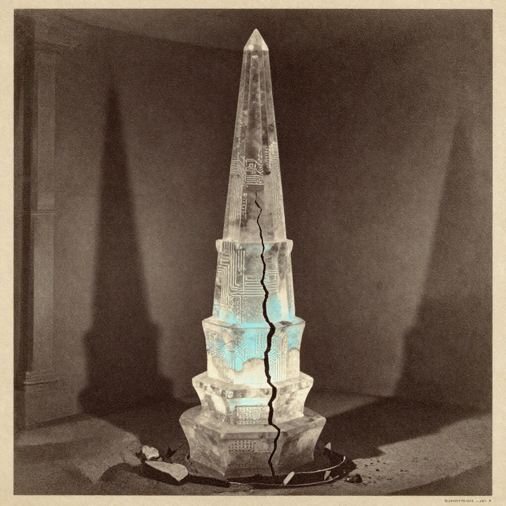 vintage Victorian newspaper photograph, sepia tone, aged paper texture, halftone dot printing, 1890s photojournalism, slight grain, archival quality, authentic period photography, a tall, translucent spire composed of stacked crystalline layers, each etched with faint circuitry, one layer clouded with decay while others glow faintly blue, cracked vertically from top to base, dramatic side lighting casting long shadows from the fissure, atmosphere of silent rupture and impending collapse in a dark, silent chamber [Z-Image Turbo]