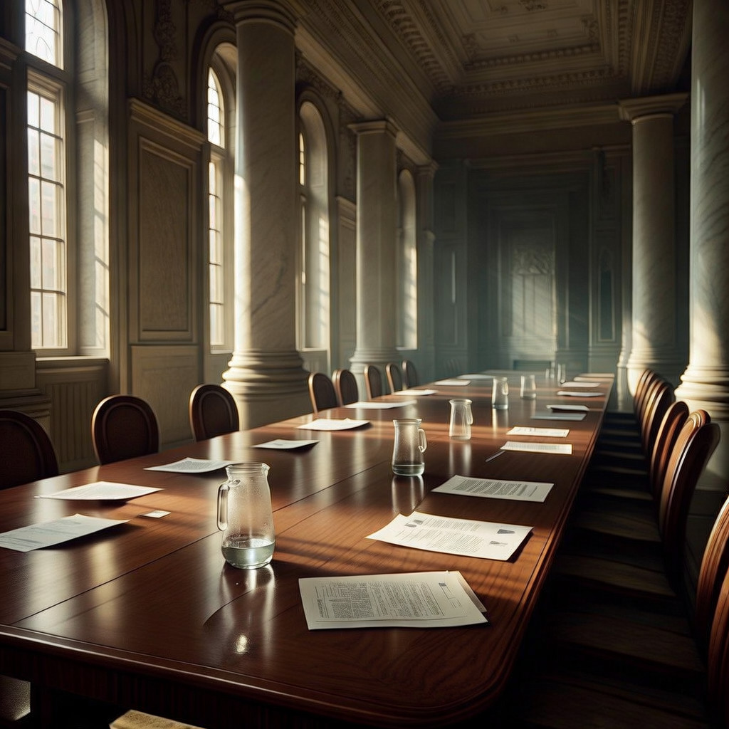 empty formal interior, natural lighting through tall windows, wood paneling, institutional architecture, sense of history and permanence, marble columns, high ceilings, formal furniture, muted palette, A long mahogany boardroom table under high ceilings, its surface scattered with untouched documents and half-empty glass water pitchers, sunlight streaming diagonally through tall windows along one wall, dust particles suspended in the air, the far end of the table fading into cool shadow, the room utterly still and empty. [Bria Fibo]