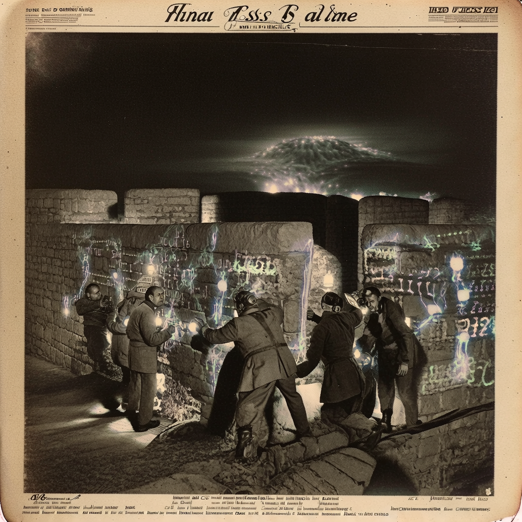 vintage Victorian newspaper photograph, sepia tone, aged paper texture, halftone dot printing, 1890s photojournalism, slight grain, archival quality, authentic period photography, ancient stone fortress wall at night, illuminated by flickering lamplight from within, engineers frantically reinforcing the parapets with glowing cryptographic symbols and data streams instead of mortar, a vast, indistinct energy disturbance glowing ominously on the horizon, mood of urgent preparation against an unseen, impending technological assault. [bria/fibo/generate]