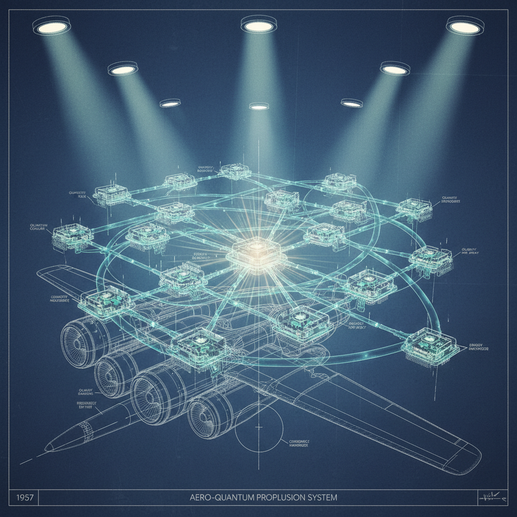 technical blueprint on blue paper, white precise lines, engineering annotations, 1950s aerospace, floating quantum processor modules suspended in mid-air, each emitting faint pulsing energy fields that interlock with neighboring units in a web-like formation, overhead spotlights casting sharp beams through misty ambient haze, atmosphere of controlled chaos with visible energy resonance between modules, central node glowing brighter as if orchestrating global gate operations [fal-ai/nano-banana]