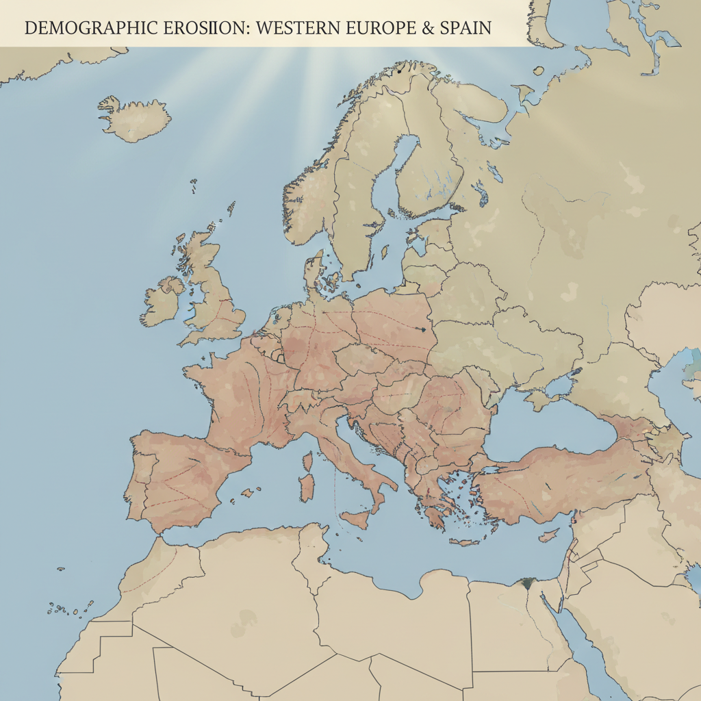 flat color political map, clean cartographic style, muted earth tones, no 3D effects, geographic clarity, professional map illustration, minimal ornamentation, clear typography, restrained color coding, Fading frontier lines on a map, thinning ink and parchment textures, light from above, atmosphere of quiet erosion  
Map of Western Europe and historical Spain, with soft red-brown gradients showing receding youth populations, annotated with fine dashed lines tracing diminishing demographic currents from countryside to city, and from nation to empire—ghost routes of vanished generations [Nano Banana]