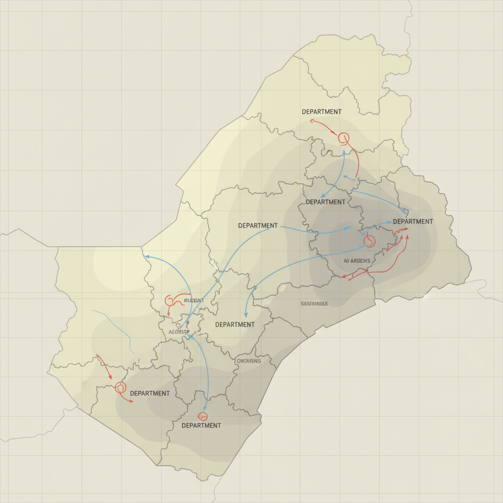 flat color political map, clean cartographic style, muted earth tones, no 3D effects, geographic clarity, professional map illustration, minimal ornamentation, clear typography, restrained color coding, flat 2D economic map with clean, precise boundaries dividing departments, annotated flow lines in soft blue tracing AI agent movement between units, subtle gradient regions in pale yellow and gray indicating levels of AI integration, thin red route markers showing feedback loops, faint grid overlay suggesting standardization, top-down perspective with no shadows or depth, matte finish, even ambient lighting from above, atmosphere of quiet systemic transformation [Nano Banana]