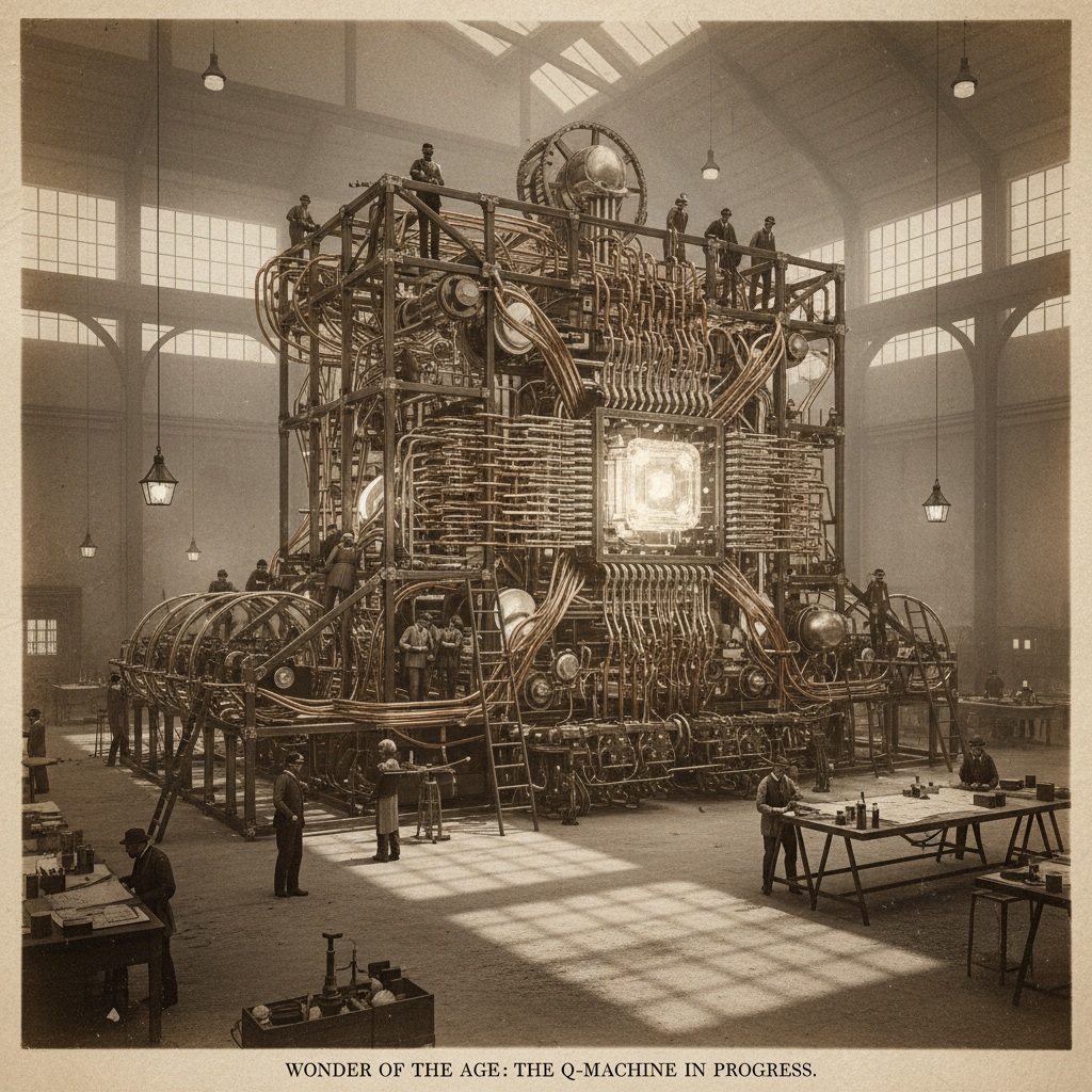 vintage Victorian newspaper photograph, sepia tone, aged paper texture, halftone dot printing, 1890s photojournalism, slight grain, archival quality, authentic period photography, A massive, partially assembled quantum processor core resembling a siege engine under construction in an industrial hangar, intricate wiring and cooling pipes snaking across a metal frame, harsh work lights from above casting long, dramatic shadows across the scene, atmosphere of intense, focused effort and immense scale. [fal-ai/nano-banana]