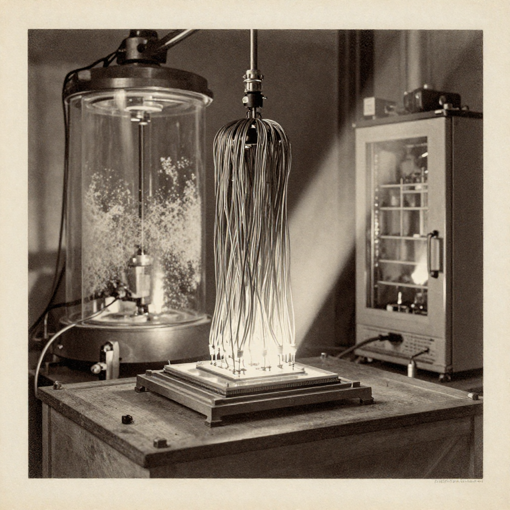 vintage Victorian newspaper photograph, sepia tone, aged paper texture, halftone dot printing, 1890s photojournalism, slight grain, archival quality, authentic period photography, a suspended quantum processor core, made of braided niobium wires and sapphire substrates, glowing faintly with trapped microwave light, lit from the side by a cold, angular beam piercing through frost-laced vacuum chambers, surrounded by the stillness of dormant dilution refrigerators—like a reliquary holding a weapon that has not yet fallen [Z-Image Turbo]