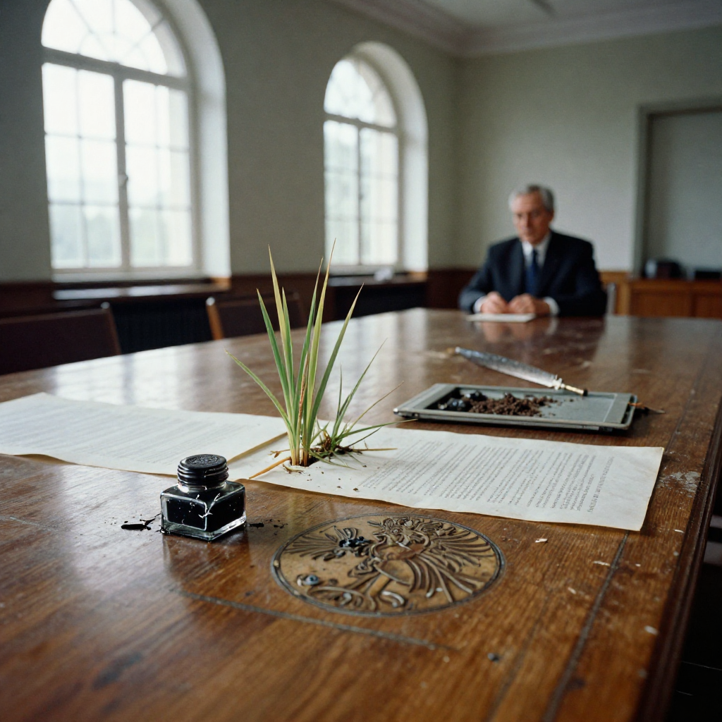 muted documentary photography, diplomatic setting, formal atmosphere, institutional gravitas, desaturated color palette, press photography style, 35mm film grain, natural lighting, professional photojournalism, an abandoned treaty table, scarred oak surface with faded national crests, cracked inkwell seeping into engraved borders, overgrown with slender rice stalks pushing through parchment, a dormant tablet embedded with soil-caked sensors resting beside a rusted quill, side-lit from tall arched windows, atmosphere of solemn vacancy [Z-Image Turbo]