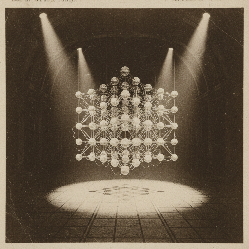 vintage Victorian newspaper photograph, sepia tone, aged paper texture, halftone dot printing, 1890s photojournalism, slight grain, archival quality, authentic period photography, floating 3D lattice of interconnected glowing nodes suspended in a dark chamber, each node pulsing with rhythmic intensity as data streams cascade between them, overhead spotlights casting sharp beams that highlight structural dependencies, tense atmosphere of high-stakes computation with faint geometric shadows stretching across floor panels [fal-ai/nano-banana]