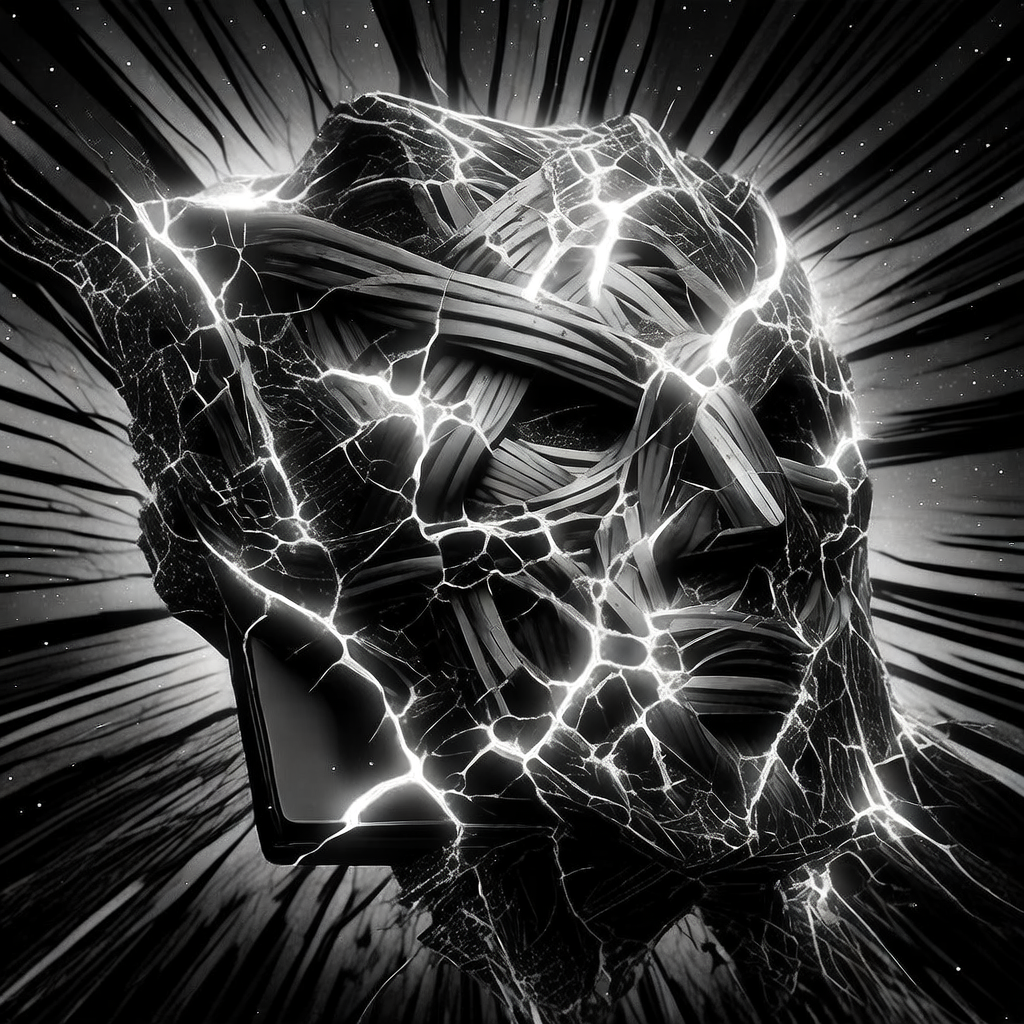 black and white manga panel, dramatic speed lines, Akira aesthetic, bold ink work, A Warhead Passport forged from interwoven strands of solidified SHA and GOST hash-light, its surface cracked with glowing fault lines where verification attempts have stressed its integrity, extreme close-up with radiating energy fractures like shattered glass in silence, backlit by a distant, cold starfield, atmosphere of precarious containment [Bria Fibo]