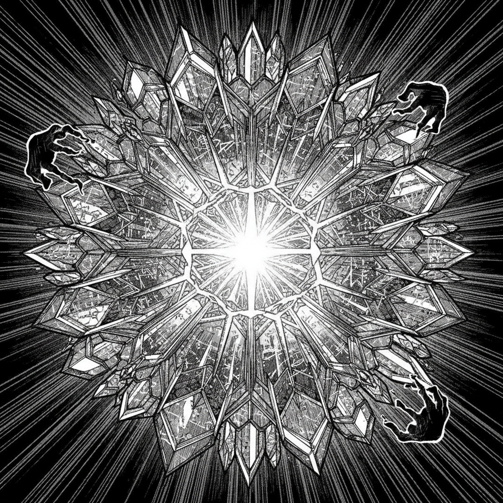 black and white manga panel, dramatic speed lines, Akira aesthetic, bold ink work, A self-replicating crystal lattice forged from pure symmetry, its facets fracturing and re-forming in perfect mathematical recursion, each edge glowing with faint algebraic script; light pulses from its core like a heartbeat, casting sharp radial speed lines across the void; illuminated from within by cold, precise geometries, the lattice expands into darkness, repeating its pattern in tenfold rhythm—perfect, inevitable, unseen hands guiding the birth of physical law from abstract form [Nano Banana]