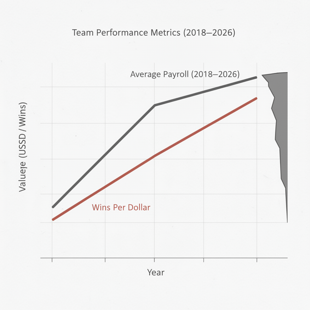 clean data visualization, flat 2D chart, muted academic palette, no 3D effects, evidence-based presentation, professional infographic, minimal decoration, clear axis labels, scholarly aesthetic, a two-dimensional line chart on a stark white grid background, one line ascending sharply—labeled 'Average Payroll (2018–2026)' in thin charcoal text, the other stagnant near the x-axis—labeled 'Wins Per Dollar' in faded rust red, both lines extending toward a divergent cliff edge at the chart’s right margin, graphite axis lines precise and unbroken, overhead fluorescent lighting casting thin shadows across the paper’s surface, atmosphere of clinical stillness undercut by the looming imbalance [Nano Banana]