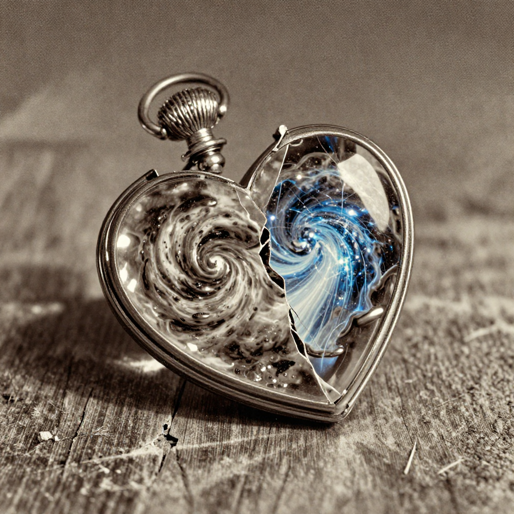 vintage Victorian newspaper photograph, sepia tone, aged paper texture, halftone dot printing, 1890s photojournalism, slight grain, archival quality, authentic period photography, a fractured crystal locket, split vertically through its center, revealing two miniature storm systems trapped inside—one slow-churning and heavy with dense, molten silver, the other a frenzied vortex of iridescent blue sparks, both systems visibly connected by faint, pulsing filaments of light, resting on a worn oak surface, illuminated by sharp side lighting from the left casting long cracks across its shadow, in an atmosphere of hushed revelation and suspended collapse [Z-Image Turbo]