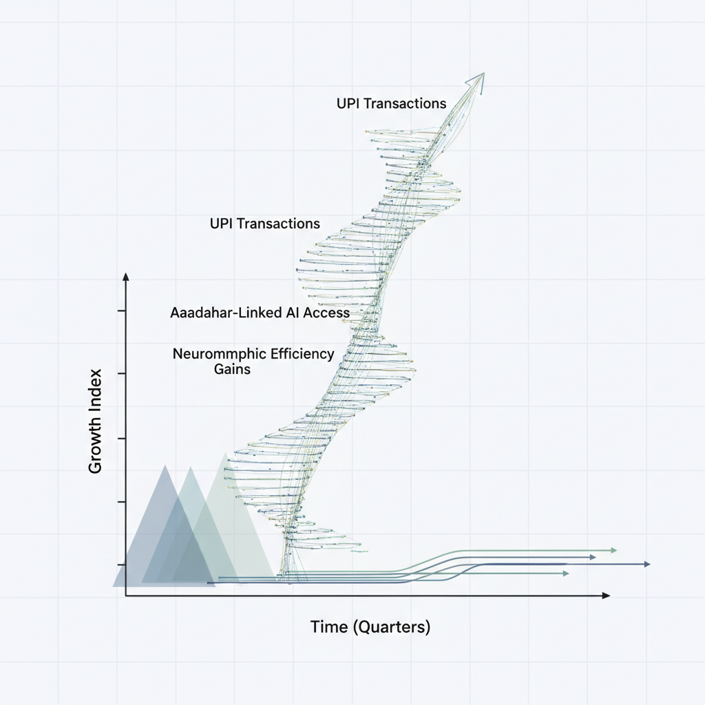 clean data visualization, flat 2D chart, muted academic palette, no 3D effects, evidence-based presentation, professional infographic, minimal decoration, clear axis labels, scholarly aesthetic, A rising helical graph constructed from thin, luminous data lines, each strand labeled with metrics like "UPI Transactions," "Aadhaar-Linked AI Access," and "Neuromorphic Efficiency Gains," ascending against a minimal white grid background; soft north-facing light emphasizes precision, while faint demographic pyramids fade into the lower left, and clean trend projections stretch forward on a 2D plane, conveying structured, scalable growth [Nano Banana]