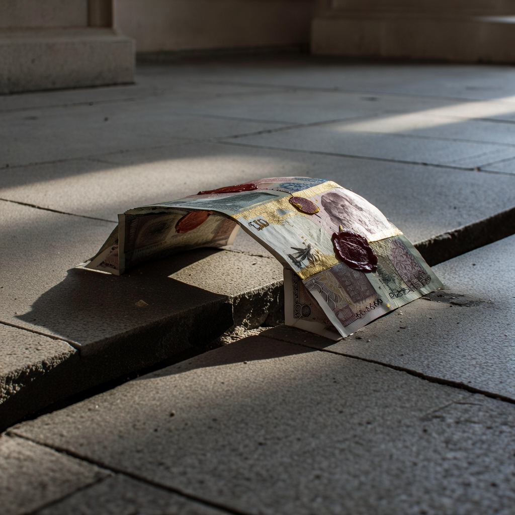 muted documentary photography, diplomatic setting, formal atmosphere, institutional gravitas, desaturated color palette, press photography style, 35mm film grain, natural lighting, professional photojournalism, a bridge constructed from weathered yuan and pound sterling banknotes fused together with wax seals and gold inks, spanning a narrow fissure in a stone institutional floor, side-lit by slanted morning light casting long shadows, silence hanging in the dusty air [Bria Fibo]