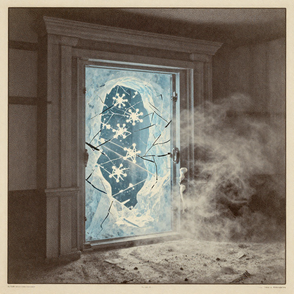 vintage Victorian newspaper photograph, sepia tone, aged paper texture, halftone dot printing, 1890s photojournalism, slight grain, archival quality, authentic period photography, a fractured vault door made of glacial ice, embedded with glowing lattice points like suspended atoms, illuminated from behind by cold blue light, cracks spreading outward in slow motion, steam rising from its melting edges, in a silent, dark chamber [Z-Image Turbo]