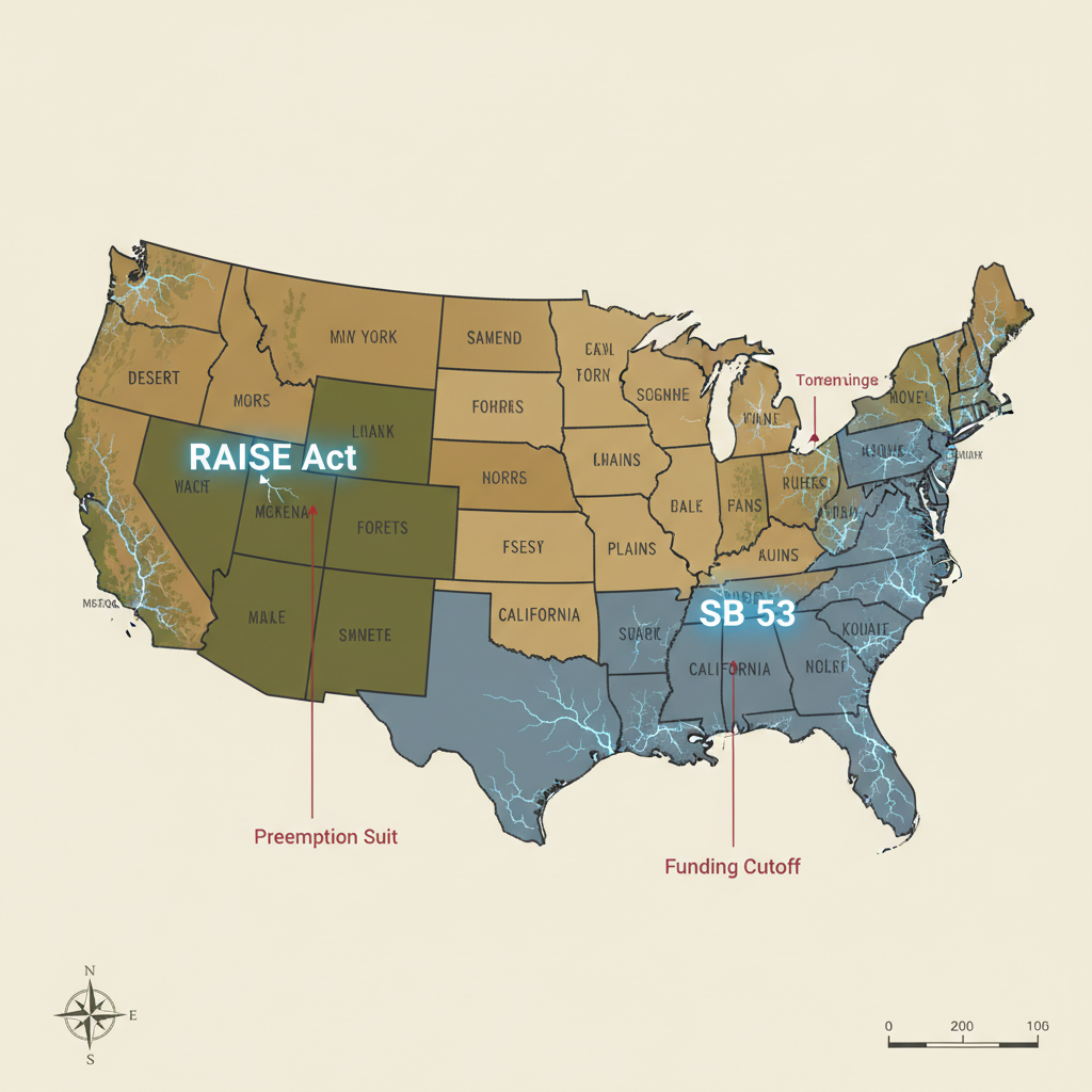 flat color political map, clean cartographic style, muted earth tones, no 3D effects, geographic clarity, professional map illustration, minimal ornamentation, clear typography, restrained color coding, a flat 2D United States political map, inked with fine, fractured lines along state borders, illuminated from within by cold blue fissures where New York and California glow under labeled inscriptions 'RAISE Act' and 'SB 53', with faint red annotation arrows descending from Washington D.C. marked 'Preemption Suit' and 'Funding Cutoff', the atmosphere static and tense like charged parchment [Nano Banana]