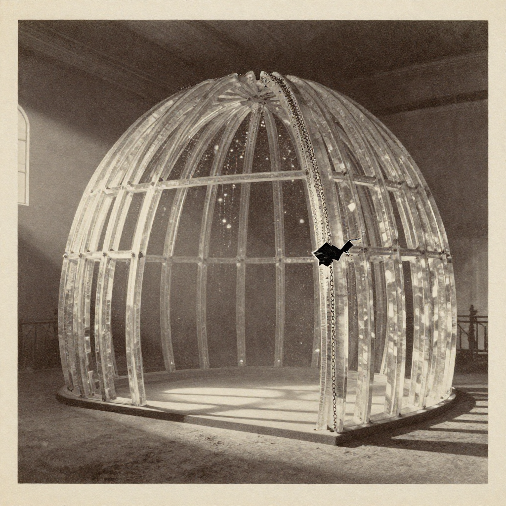 vintage Victorian newspaper photograph, sepia tone, aged paper texture, halftone dot printing, 1890s photojournalism, slight grain, archival quality, authentic period photography, a massive, geometric lattice vault forged from translucent quantum-crystal and reinforced with pulsing hash-chain filaments, one corner cracked and seeping black static, illuminated by sharp diagonal light from the left that casts long, tense shadows across a void-like chamber, the air thick with suspended data dust and the faint glow of failing nodes [Z-Image Turbo]