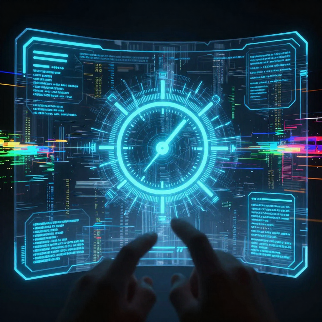 first-person view through futuristic HUD interface filling entire screen, transparent holographic overlays, neon blue UI elements, sci-fi heads-up display, digital glitch artifacts, RGB chromatic aberration, data corruption visual effects, immersive POV interface aesthetic, flickering chronometer glyph at center of translucent HUD interface, etched glass and unstable holographic layers, illuminated from behind with shifting directional light that causes text to warp and shimmer, atmosphere of quiet unease as numerical values dissolve into relativistic noise at the edges [Z-Image Turbo]