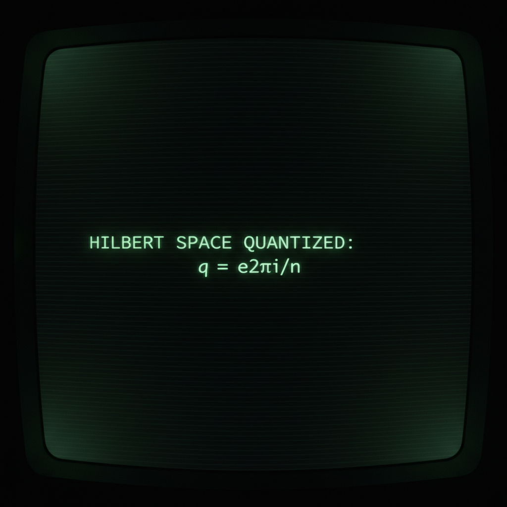 full screen view of monochrome green phosphor CRT terminal display, command line interface filling entire frame, heavy scanlines across black background, authentic 1970s computer terminal readout, VT100 style, green text on black, phosphor glow, screen curvature at edges, "HILBERT SPACE QUANTIZED: q = e^{2πi/n}" on stark black background, glowing faint green text, centered terminal font with slight pixel bleed, dim ambient glow from screen edges, atmosphere of silent theoretical resolution [Nano Banana]