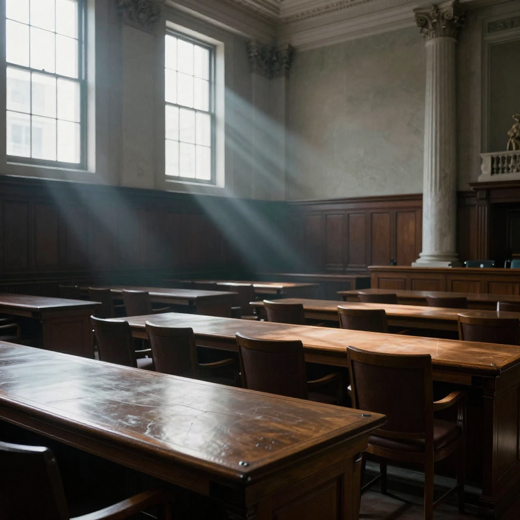 empty formal interior, natural lighting through tall windows, wood paneling, institutional architecture, sense of history and permanence, marble columns, high ceilings, formal furniture, muted palette, an empty legislative chamber, polished mahogany tables scarred by a diagonal crack, natural light slicing through tall eastern windows at a sharp angle, one half of the room illuminated in cold dawn glow while the other remains in shadow, the atmosphere heavy with suspended dust and quiet tension [Z-Image Turbo]
