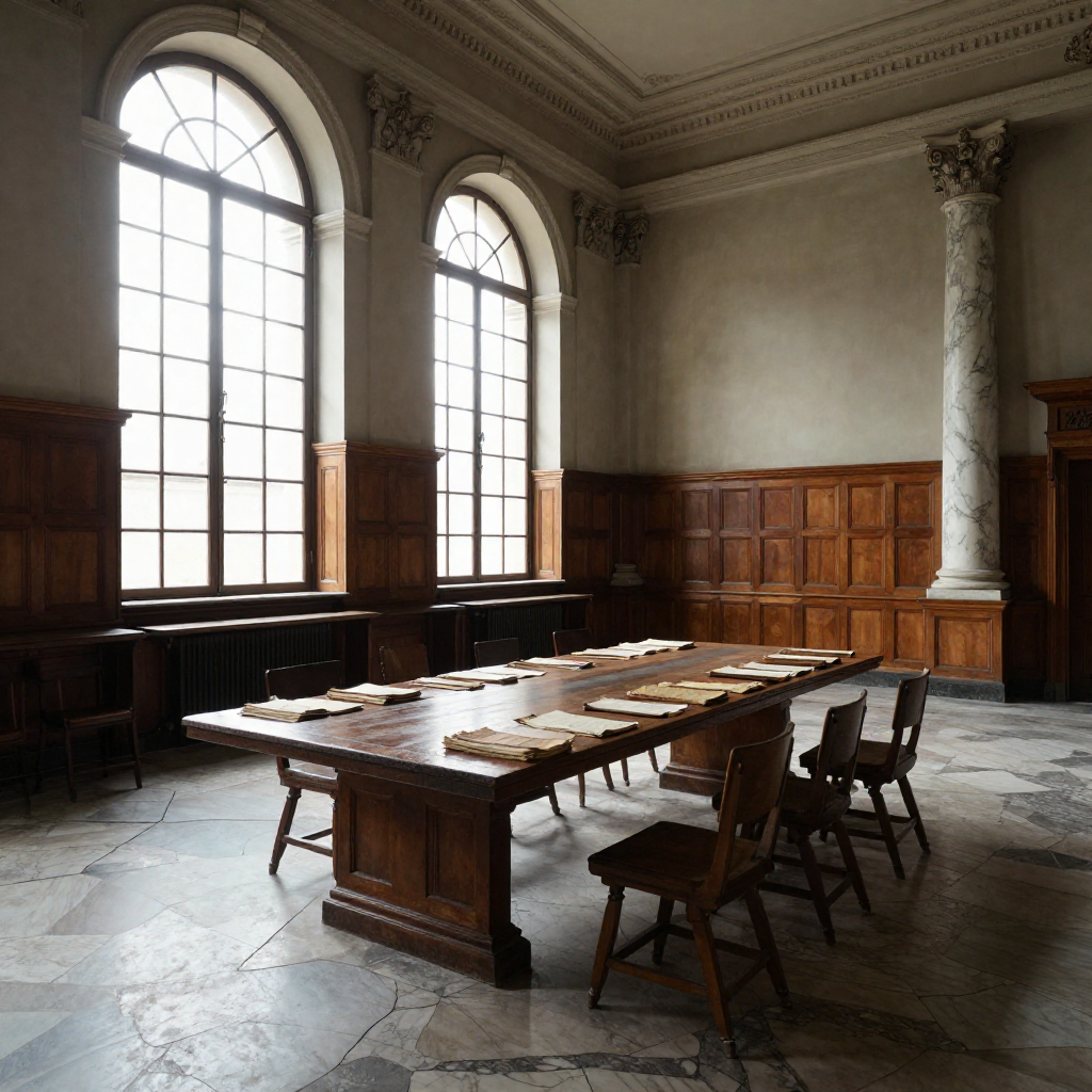 empty formal interior, natural lighting through tall windows, wood paneling, institutional architecture, sense of history and permanence, marble columns, high ceilings, formal furniture, muted palette, an ornate 16th-century trading hall, cracked marble floor, dust-coated ledgers fanned across a long oak table, late afternoon light slicing through tall arched windows at a diagonal, atmosphere of suspended abandonment [Z-Image Turbo]