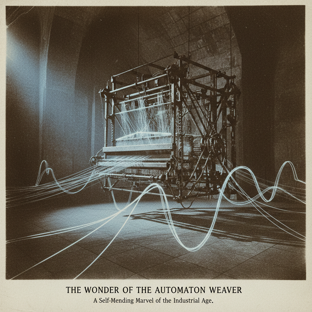 vintage Victorian newspaper photograph, sepia tone, aged paper texture, halftone dot printing, 1890s photojournalism, slight grain, archival quality, authentic period photography, a self-repairing loom, forged from oxidized copper wire and pulsing fiber-optic thread, lit from the side by a narrow blade of cold light, suspended in a vast, silent chamber where the air shimmers with residual discharge—each snapped thread re-knitting itself mid-air, loops forming closed circuits in the dark [Nano Banana]