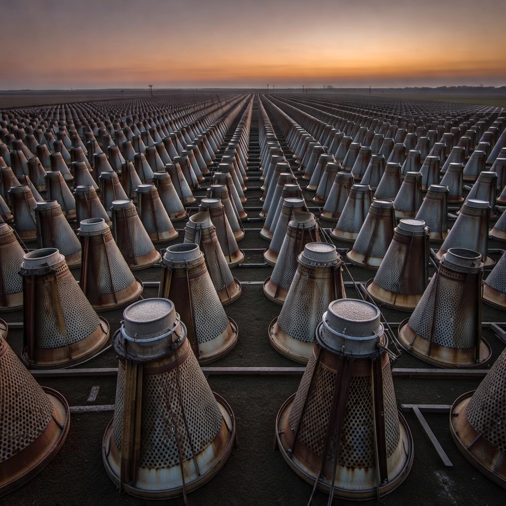 industrial scale photography, clean documentary style, infrastructure photography, muted industrial palette, systematic perspective, elevated vantage point, engineering photography, operational facilities, Vast field of interconnected acoustic dampening towers, made of weathered steel and perforated metal cones, arranged in precise geometric rows fading into the horizon, their once-vibrating plates now still and coated in dew, backlit by the dim orange glow of a dusk sky, atmosphere of eerie calm and suspended energy [Bria Fibo]