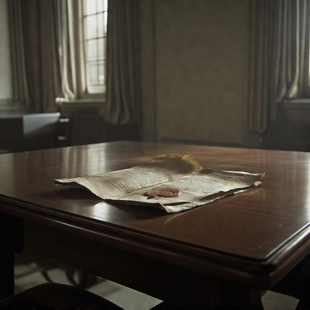 muted documentary photography, diplomatic setting, formal atmosphere, institutional gravitas, desaturated color palette, press photography style, 35mm film grain, natural lighting, professional photojournalism, a weathered treaty manuscript resting on a polished oak table, parchment cracked with age and stamped with a half-faded seal, side-lit by low-angle light from a tall institutional window, silence hanging in the dusty air [Bria Fibo]