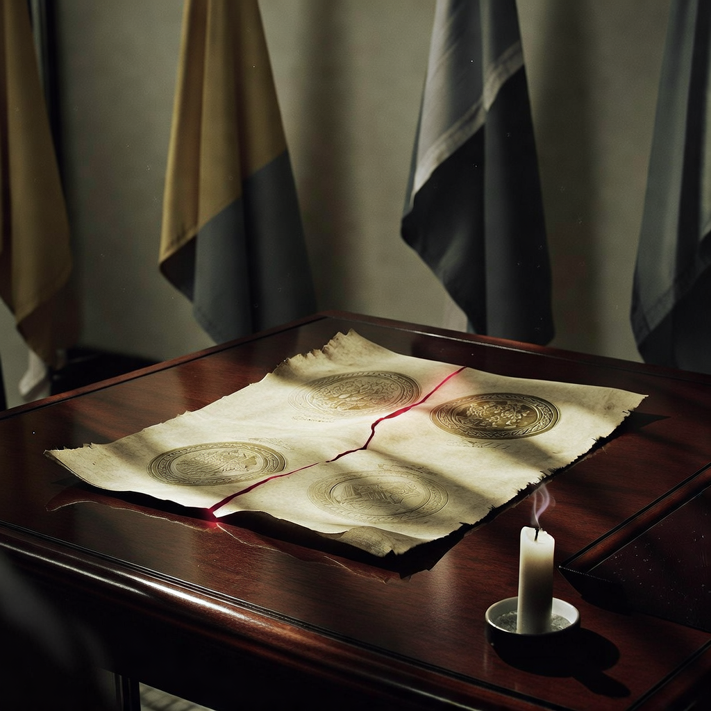 muted documentary photography, diplomatic setting, formal atmosphere, institutional gravitas, desaturated color palette, press photography style, 35mm film grain, natural lighting, professional photojournalism, A weathered parchment of a bilateral peace agreement, embossed with faded official seals and frayed at the edges,裂 from center to edge by a hairline crack that glows faintly with deep crimson light beneath, resting on a polished mahogany table beneath half-lowered national flags in muted ochre and slate; illuminated by low-angle side light casting long, rigid shadows, the air thick with dust motes suspended in stillness, a single extinguished candle nearby signaling the end of negotiation. [Bria Fibo]