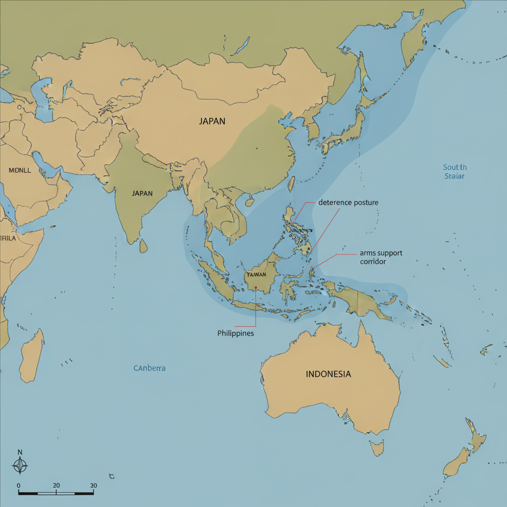 flat color political map, clean cartographic style, muted earth tones, no 3D effects, geographic clarity, professional map illustration, minimal ornamentation, clear typography, restrained color coding, flat 2D political map of the Indo-Pacific, clean vector lines defining the First Island Chain and Taiwan with subtle blue-gray regional shading, thin red annotation lines extending from U.S. ally positions to strategic chokepoints, lightly labeled with discreet callouts for 'deterrence posture' and 'arms support corridor', soft gradient borders between contested zones suggesting de-escalation, overhead lighting casting no shadows for clinical clarity [Nano Banana]