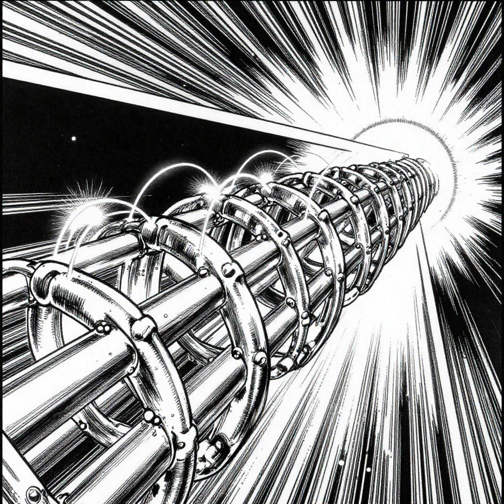 black and white manga panel, dramatic speed lines, Akira aesthetic, bold ink work, a trembling lattice of superconducting oscillators, forged in chilled niobium with faint capacitive arcs bridging non-adjacent nodes, extreme close-up with speed lines radiating from resonant hotspots, backlit by pulsed microwave frequencies, suspended in vacuum-black silence [Z-Image Turbo]