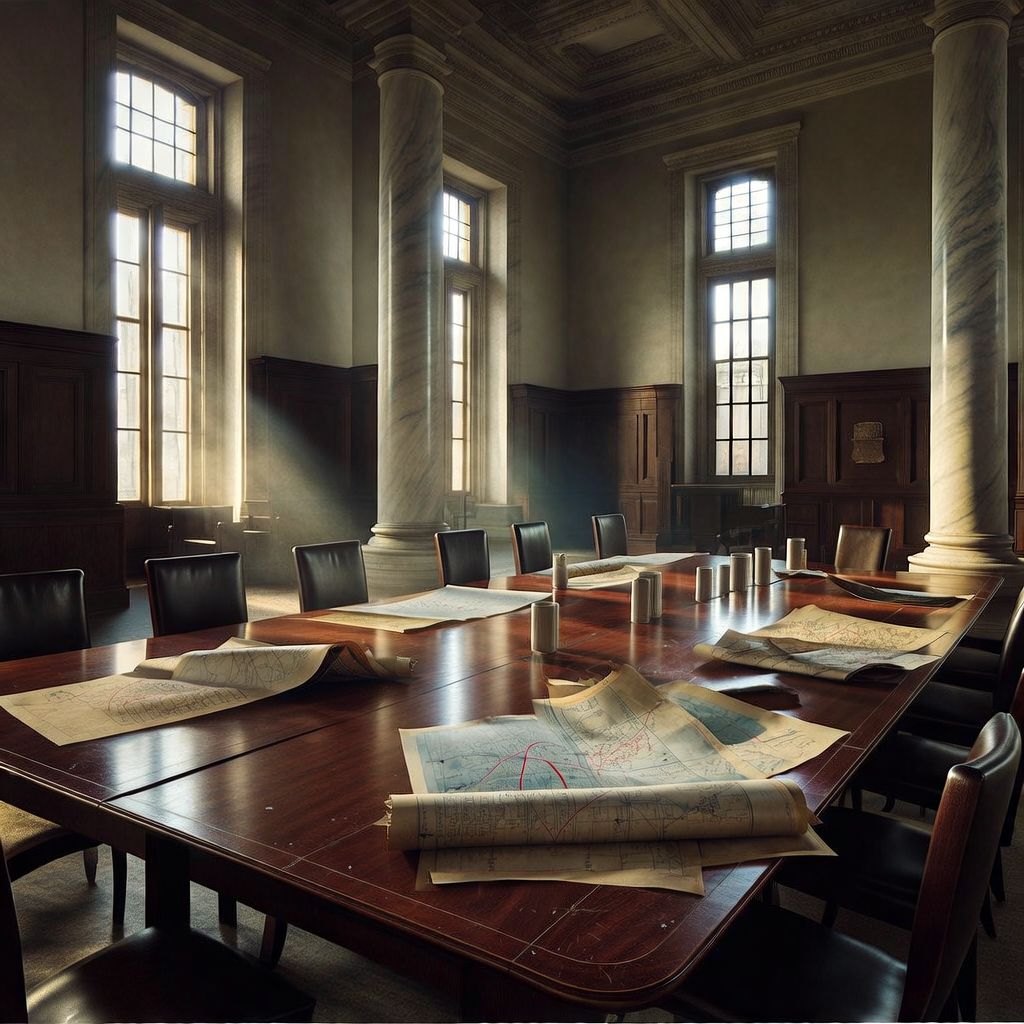 empty formal interior, natural lighting through tall windows, wood paneling, institutional architecture, sense of history and permanence, marble columns, high ceilings, formal furniture, muted palette, an abandoned war council chamber, long mahogany table strewn with half-blown naval maneuver maps and faded maritime boundary drafts, natural light slicing through tall colonial windows at a low diagonal, dust motes suspended in the air above empty chairs, atmosphere of recent departure and unresolved tension [Bria Fibo]
