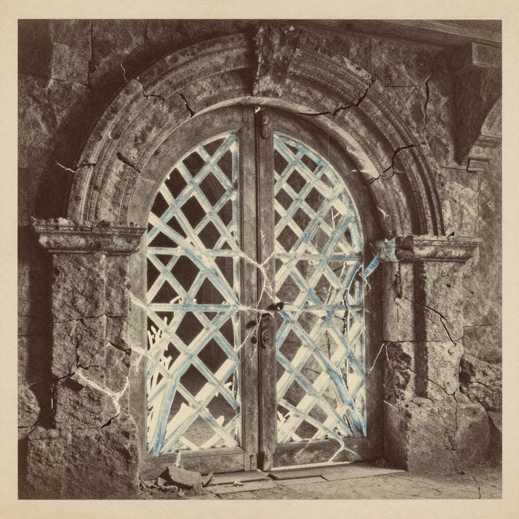 vintage Victorian newspaper photograph, sepia tone, aged paper texture, halftone dot printing, 1890s photojournalism, slight grain, archival quality, authentic period photography, a massive fractured stone vault door fused with glowing, geometric crystalline lattices, rough-hewn masonry cracking under tension as delicate blue-white crystal veins pulse with unstable light, side-lit from deep shadow to highlight fissures and regrowth, atmosphere of precarious transformation—half-ruin, half-rebirth [Z-Image Turbo]