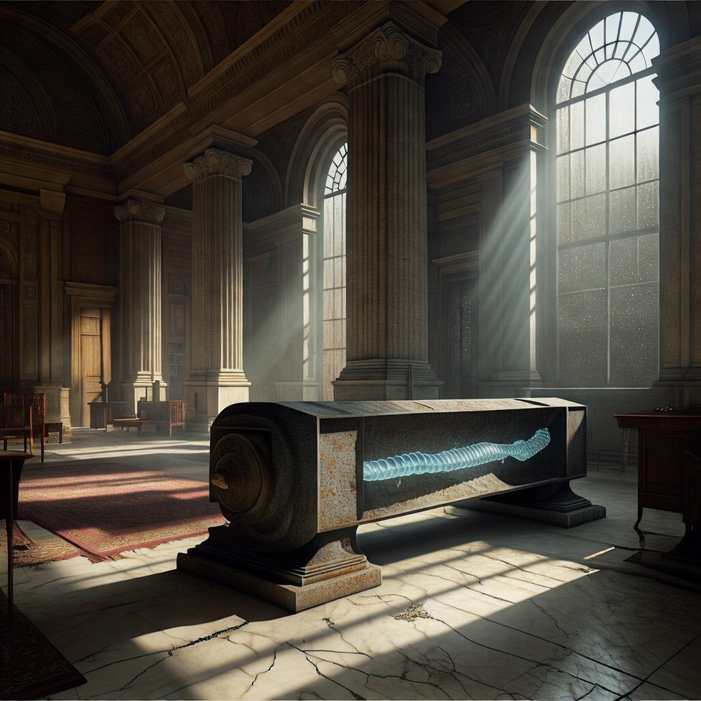 empty formal interior, natural lighting through tall windows, wood paneling, institutional architecture, sense of history and permanence, marble columns, high ceilings, formal furniture, muted palette, a massive weathered steel beam fused mid-span with a glowing silicon spine, resting on a marble floor in an abandoned legislative chamber, sunlight streaming through tall arched windows covered in fine dust, long shadows stretching across cracked ceremonial rugs, the air thick with silence and legacy [Bria Fibo]