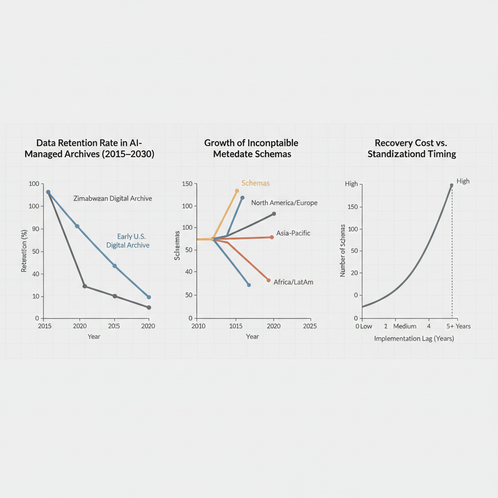 clean data visualization, flat 2D chart, muted academic palette, no 3D effects, evidence-based presentation, professional infographic, minimal decoration, clear axis labels, scholarly aesthetic, Three flat, two-dimensional line graphs on a neutral grid background, rendered in muted slate and ochre:  
1) A declining pyramid showing "Data Retention Rate in AI-Managed Archives (2015–2030)" with Zimbabwe and early U.S. digital archives plotted side by side, both collapsing after 10 years  
2) A diverging trend line titled "Growth of Incompatible Metadata Schemas" with sharp, branching angles indicating fragmentation across regions  
3) A projection curve labeled "Recovery Cost vs. Standardization Timing" peaking sharply where implementation lags by five or more years  
All charts use consistent axis labels, unembellished typography, and minimal color coding—no shadows, no depth, no animation—only the stark progression of data over time [Nano Banana]