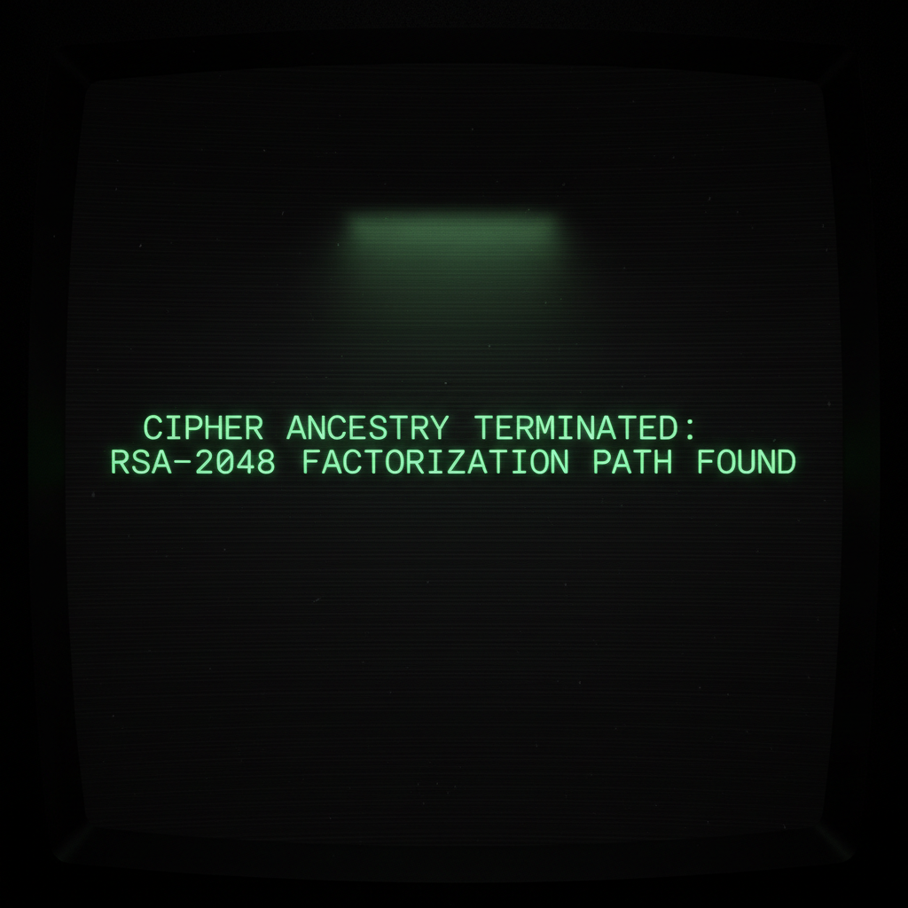 full screen view of monochrome green phosphor CRT terminal display, command line interface filling entire frame, heavy scanlines across black background, authentic 1970s computer terminal readout, VT100 style, green text on black, phosphor glow, screen curvature at edges, "CIPHER ANCESTRY TERMINATED: RSA-2048 FACTORIZATION PATH FOUND", monospaced green text glowing faintly with a slight halo effect, centered on a deep black screen, dim ambient glow from behind the terminal creating a hushed, tomb-like atmosphere [Nano Banana]