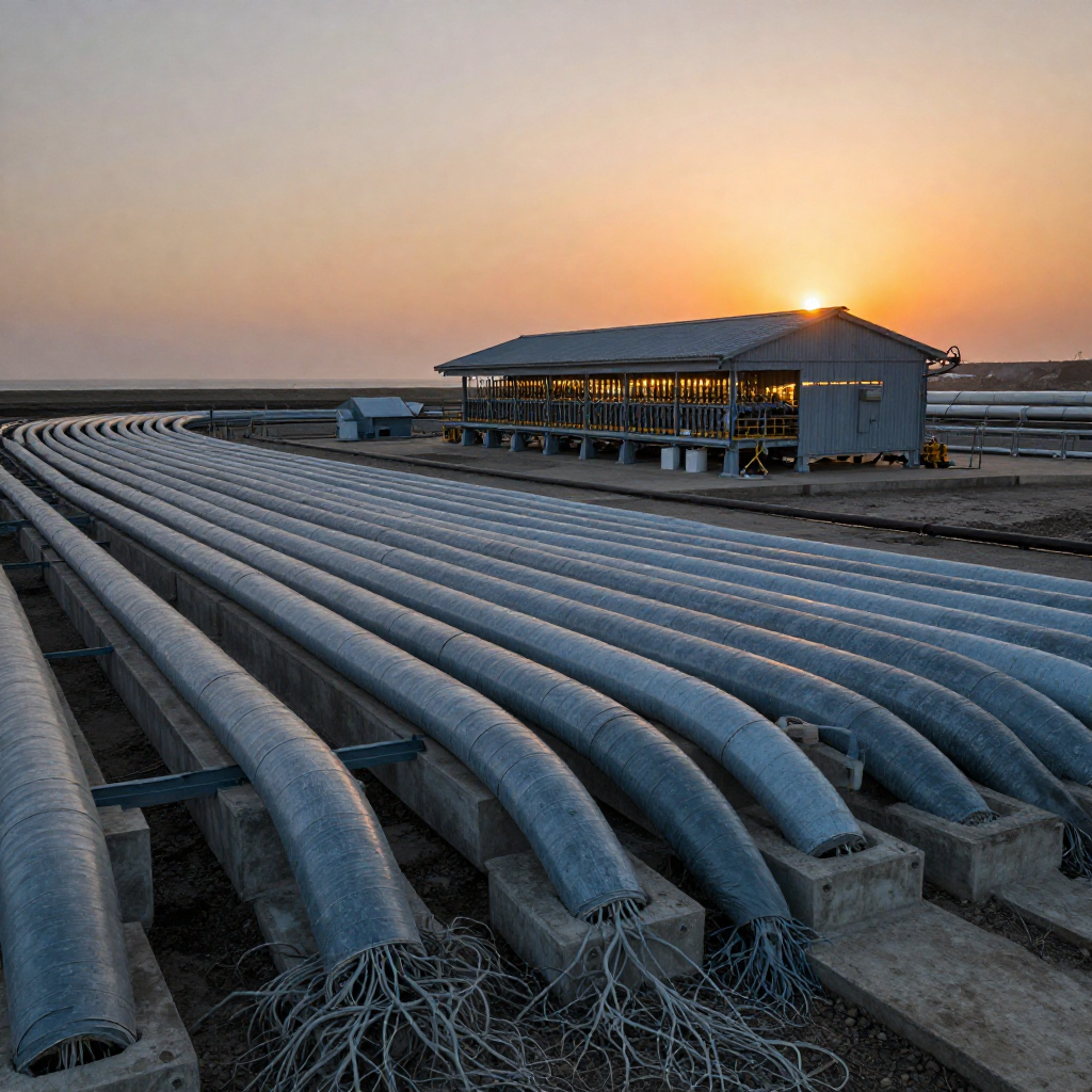 industrial scale photography, clean documentary style, infrastructure photography, muted industrial palette, systematic perspective, elevated vantage point, engineering photography, operational facilities, coastal undersea cable landing station, rows of thick insulated fiber-optic conduits emerging from concrete ducts like roots from stone, converging into a low steel bunker humming with latent transmission, backlit by the deep orange of dusk, atmosphere of quiet urgency and unseen currents [Z-Image Turbo]