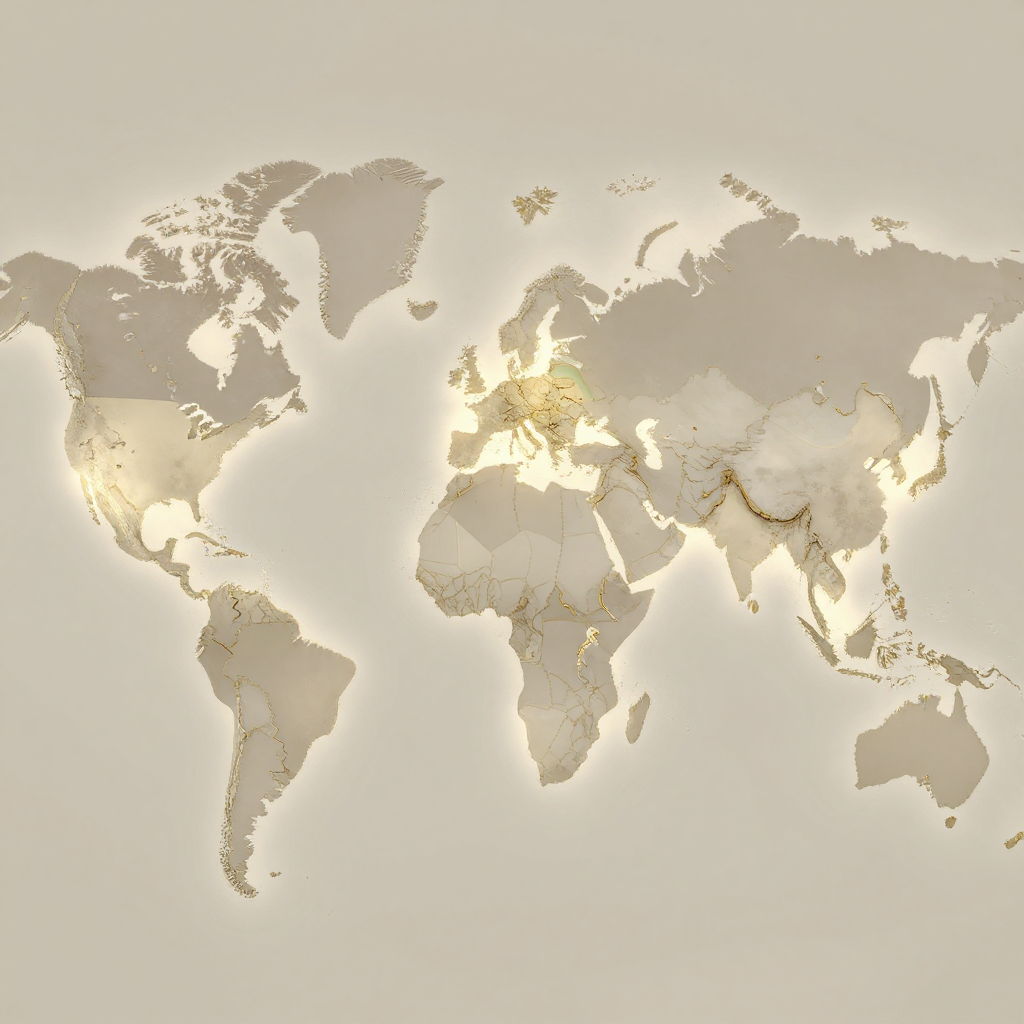 flat color political map, clean cartographic style, muted earth tones, no 3D effects, geographic clarity, professional map illustration, minimal ornamentation, clear typography, restrained color coding, flat 2D world map with fine golden lines spreading through hairline fractures in the surface, subtle color gradients distinguishing geopolitical blocs, fissures originating from major research hubs and crossing borders against muted official boundaries, soft backlighting from beneath emphasizing the glow of illicit knowledge pathways, atmosphere of quiet defiance and concealed connectivity [Z-Image Turbo]