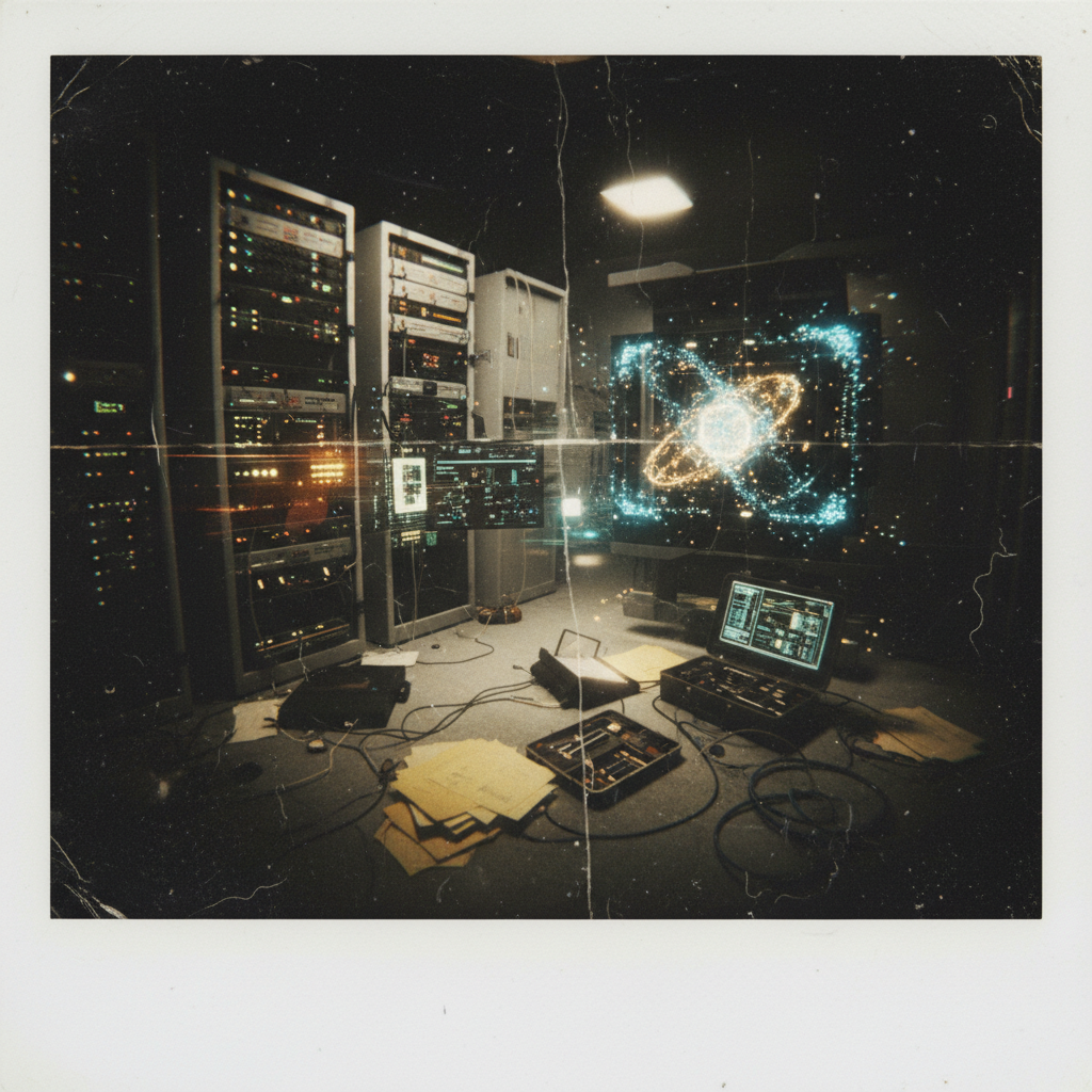 instant Polaroid photograph, vintage 1970s aesthetic, faded colors, white border frame, slightly overexposed, nostalgic lo-fi quality, amateur snapshot, dusty Y2K-era server racks stacked beside a glowing quantum computing core with entangled light particles, fractured timeline effect showing past and present merging, dramatic diagonal lighting from unseen source casting long shadows across diagnostic screens, tense atmosphere of suspended catastrophe with scattered repair tools and archived documents [fal-ai/nano-banana]